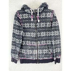 Roxy Womens Medium Sherpa Lined Fair Isle Snowflake Full Zip Hoodie Navy Blue